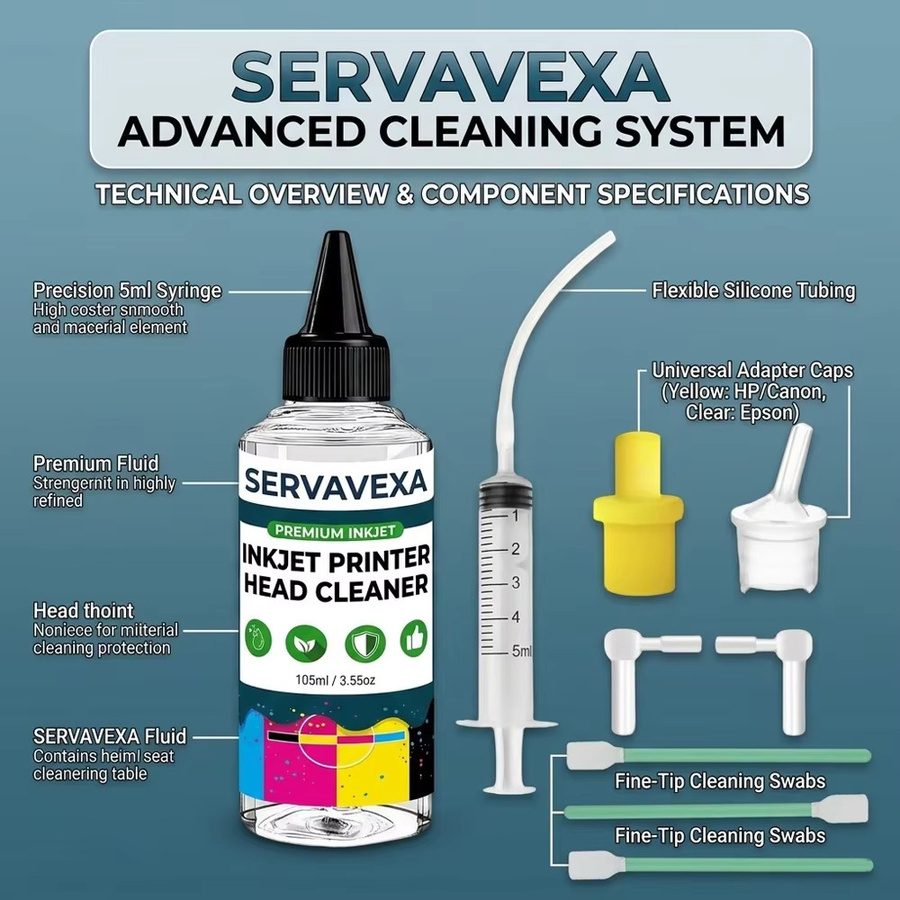 SERVAVEXA Tintenstrahl-Druckkopf-Reinigungsset mit 105 ml Lösung zur Reinigung von Druckdüsen für Epson, HP, Canon, Brother und Lexmark - Bild 4