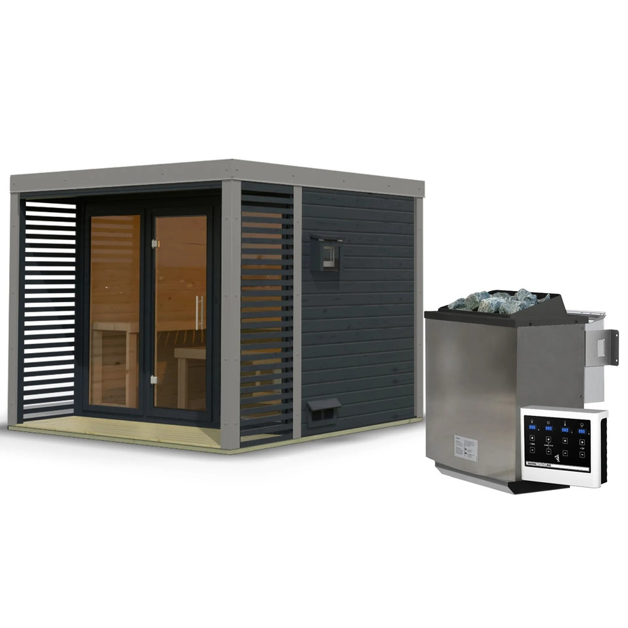 Karibu Saunahaus Seros Log Cabin mit 9 kW Bio Ofen, externer Steuerung, Ganzglasfront und Lamellenwänden in Anthrazit/Grau - Bild 2