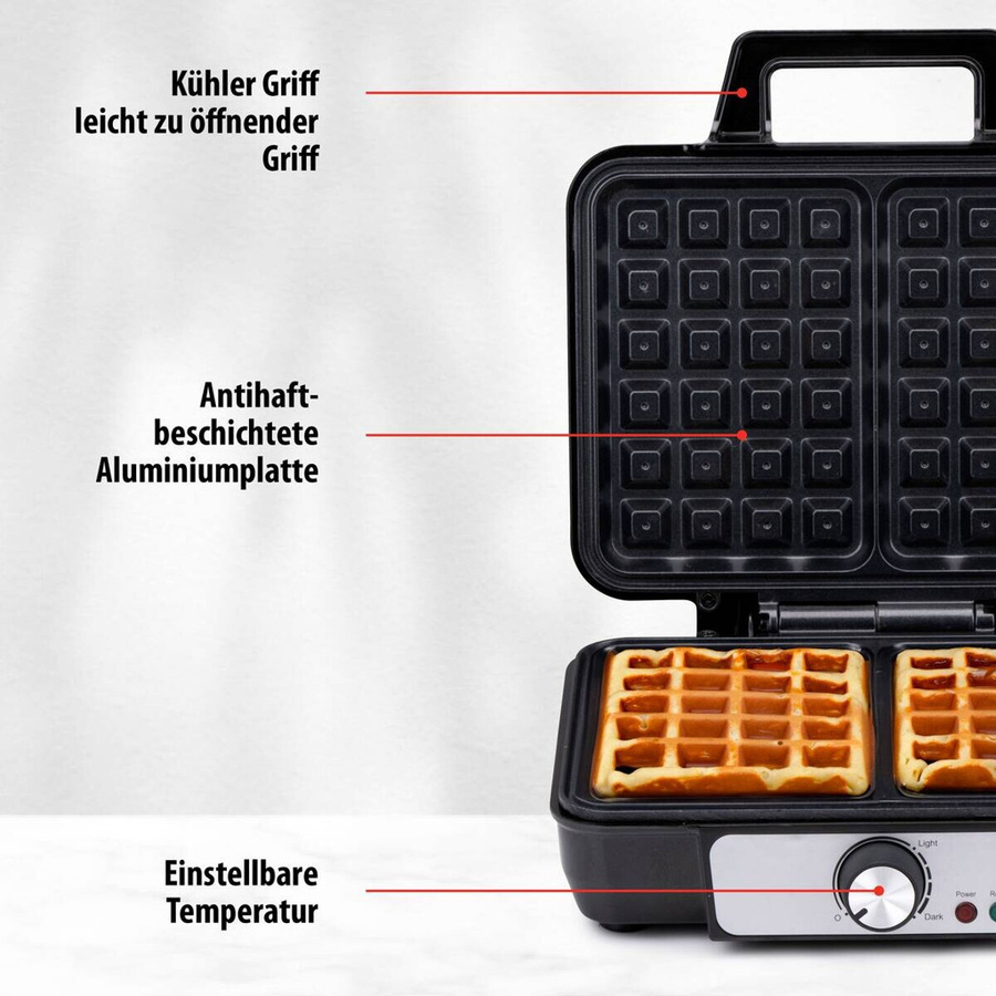 Alpina Waffeleisen für belgische Brüsseler Waffeln, 1000 Watt, Schwarz-Silber, Aluminium, B/H/L: 24 x 10 x 24 cm - Bild 2