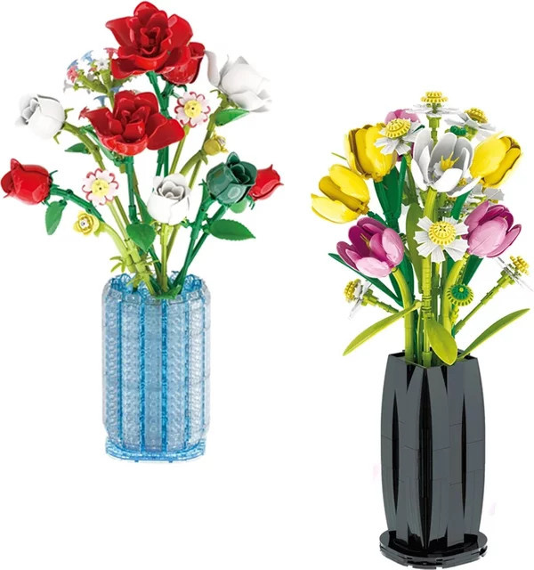 AMAZINGBLOKS Rosen-Sonnenblumen-Tulpen-Bausteine Blumenstrauß-Vasen-Modell-Set, Natur, Bunt / Mehrfarbig - Bild 1