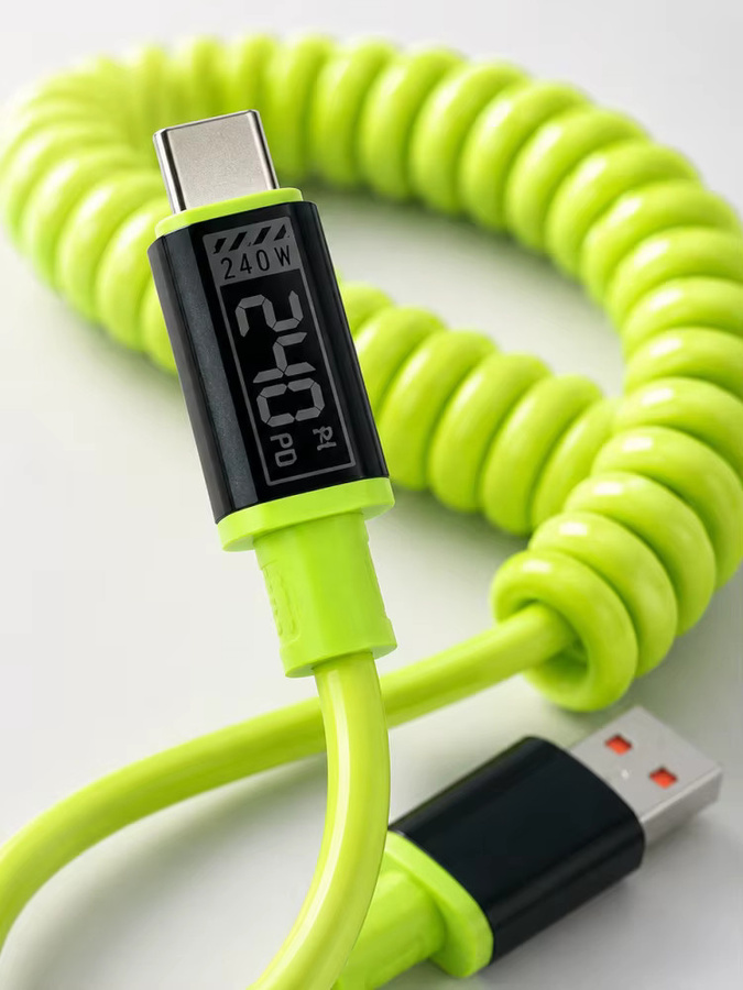 240W Hochleistungs-Typ-C-Ladekabel in Grün, einziehbares USB-auf-Typ-C-Spiralkabel für schnelles Laden von iPhone, Samsung, Xiaomi und Huawei - Bild 4