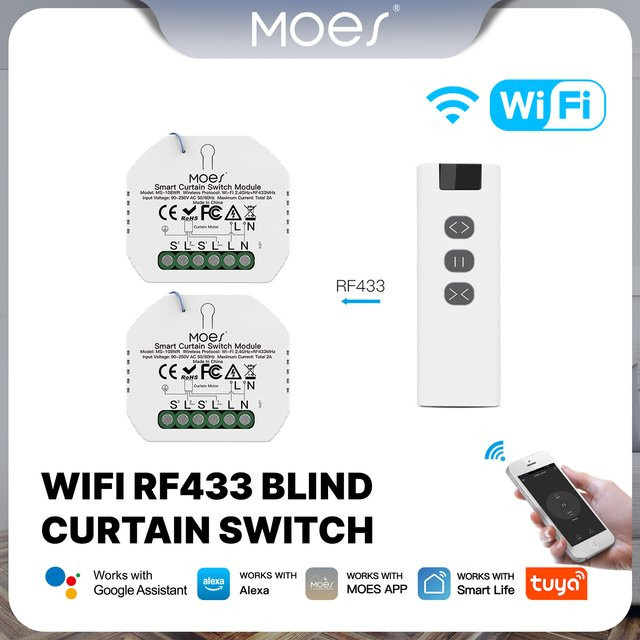 MOES Tuya WiFi RF Rolladen- und Vorhangschalter-Steuermodul mit Fernbedienung für Elektromotoren und Sonnenschutz in Weiß, kompatibel mit Google Home und Alexa - Bild 1