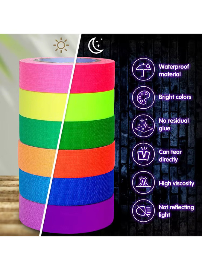 6er Set selbstklebendes UV-Glüh-Baumwollband in Multicolour für Neon-Effekte, Sicherheit und Dekoration - Bild 6