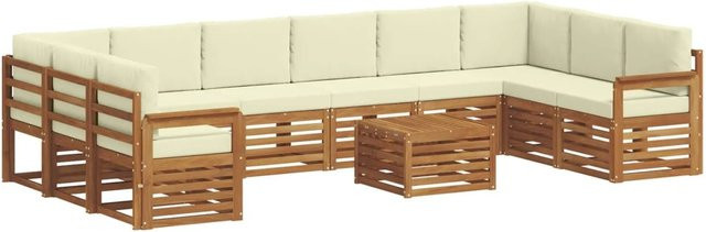 vidaXL Sofagarnitur aus Massivholz Akazie in Natur und Creme, 11-teiliges L-Shape Sofa mit Polsterung und Armlehnen - Bild 1