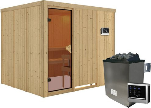 Karibu Sauna Jöhvi aus Fichtenholz mit 9 kW Saunaofen und externer Steuerung für 4 Personen, beige, B/T/H: 231 x 196 x 198 cm - Bild 1