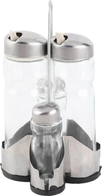 mfySpace Gewürzflaschen-Set aus Glas und Edelstahl in Silber mit Öl-Essig-Spender, Salz- und Pfefferstreuer sowie Gewürzregal - Bild 1