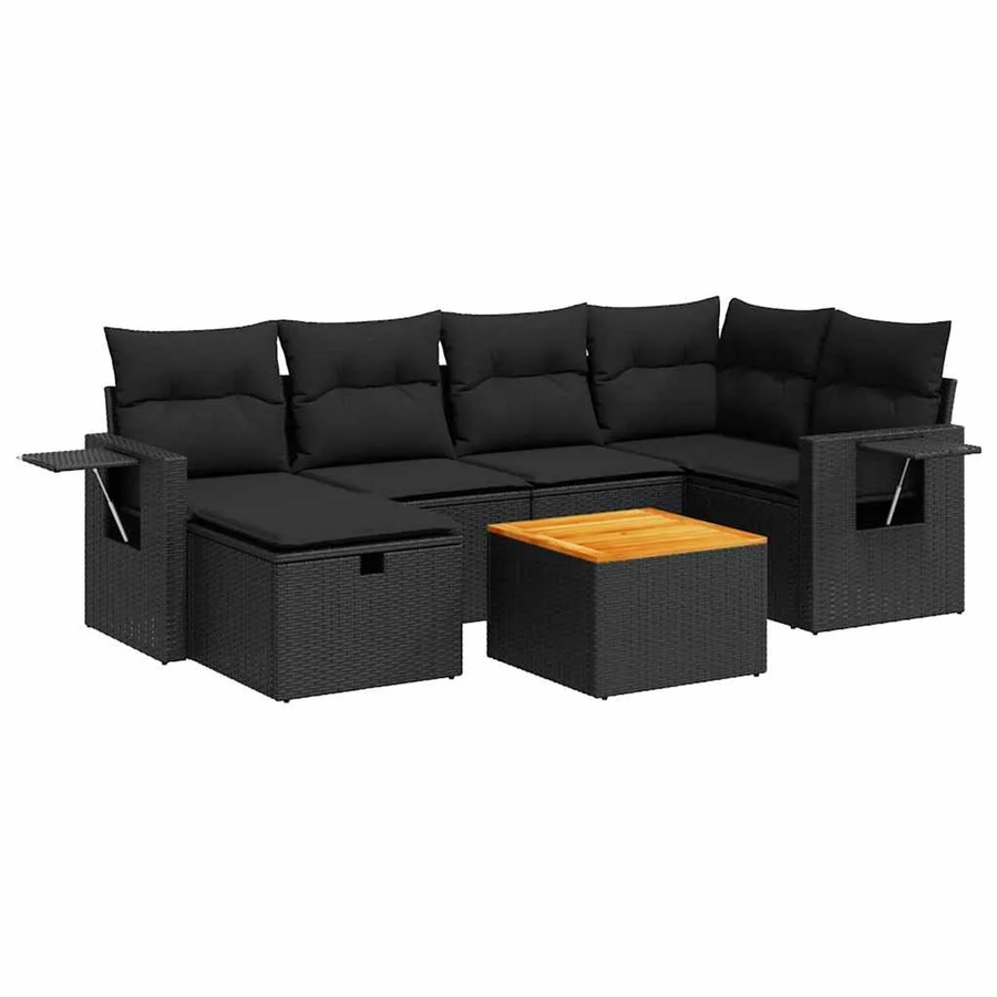 vidaXL 7-tlg. Garten-Sitzgruppe in L-Form mit Kissen, Schwarz - Bild 2