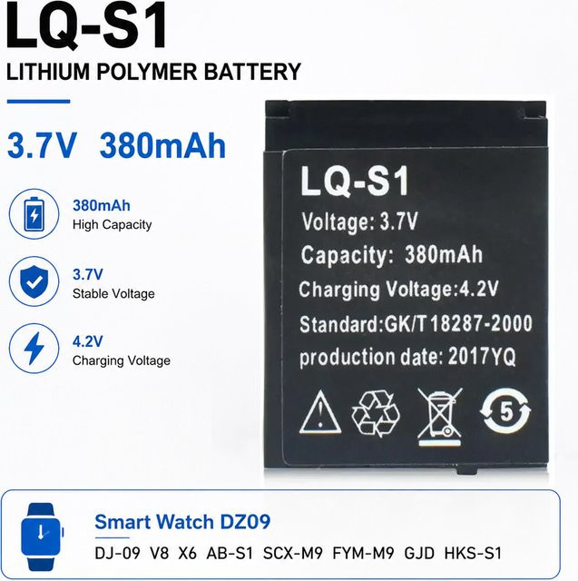 LQ-S1 Smartwatch-Akku 3,7V 380mAh in Schwarz für DZ09 V8 X6 und weitere Modelle - Bild 1