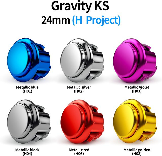 Qanba Gravity KS Arcade-Tasten Set mit mechanischen Drucktastenschaltern in Silber und Gold, 24 mm, 12 Stück - Bild 1