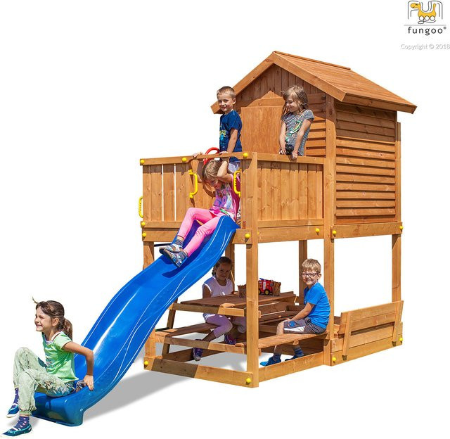 Fungoo Spielturm My House Free Time Beach aus Teakholz mit Picknicktisch, Sandkastenabdeckung und Rutsche sowie Holzdach - Bild 1