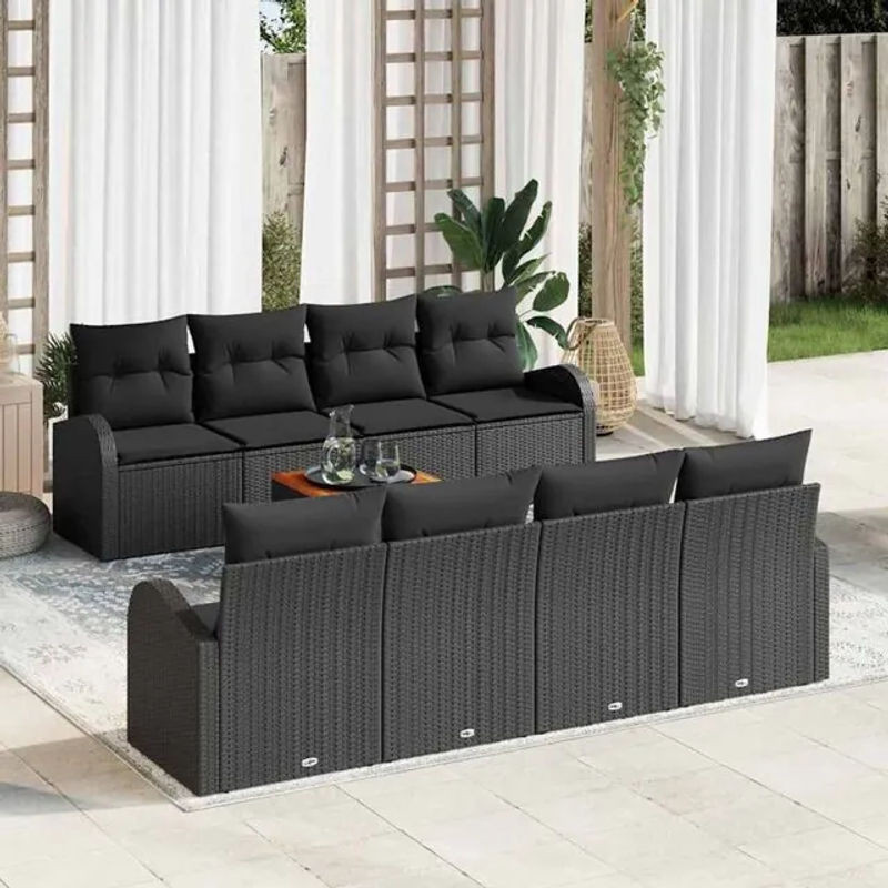 Vidaxl Garten-Sofa-Set aus Polyrattan in Schwarz, 9-teilige moderne Loungemöbel-Garnitur mit Polyester-Polstern - Bild 1