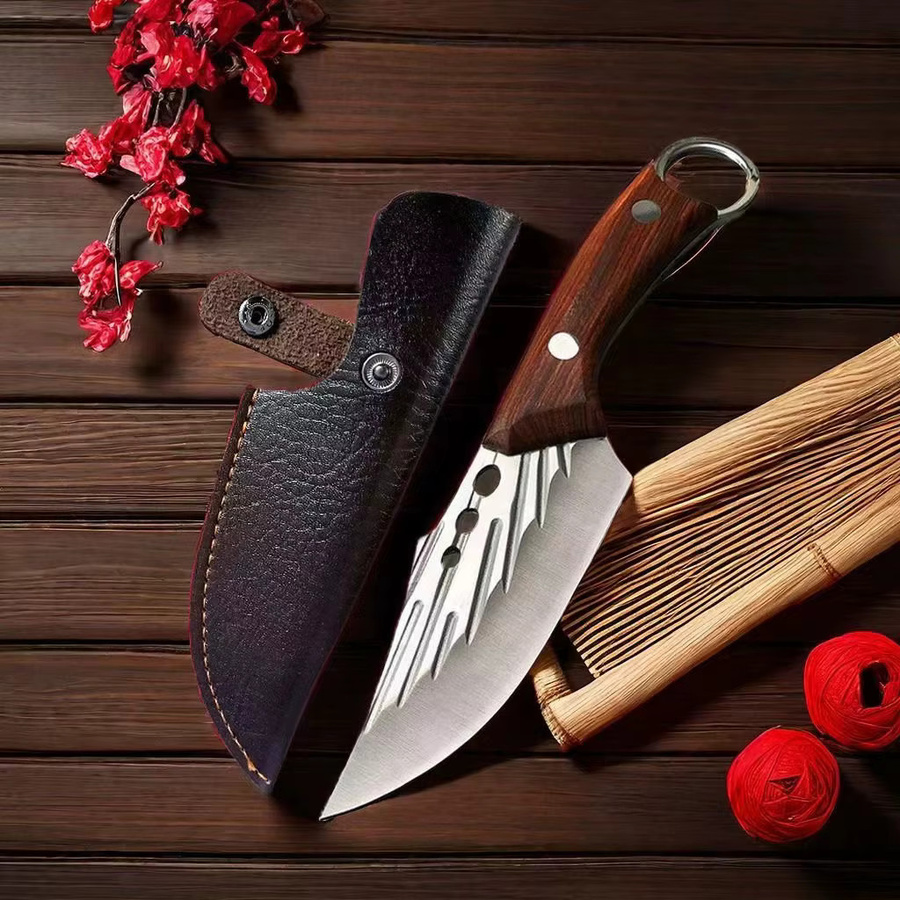 InLeung Fleisch Hackmesser aus handgeschmiedetem Edelstahl mit Holzgriff und Full Tang, silberfarbenes Metzgermesser und Ausbeinmesser - Bild 2