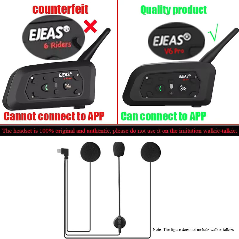EJEAS V6 Pro+ und V4 Plus Motorrad Helm Intercom Headset mit Typ-C Anschluss, Mikrofon und Rauschunterdrückung in Schwarz - Bild 2