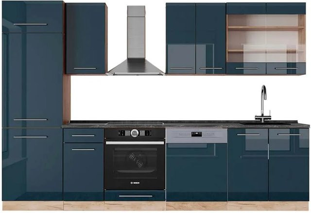 Vicco Küchenzeile Fame-Line Eiche Dunkelblau Hochglanz mit Arbeitsplatte Anthrazit 300 cm - Bild 2