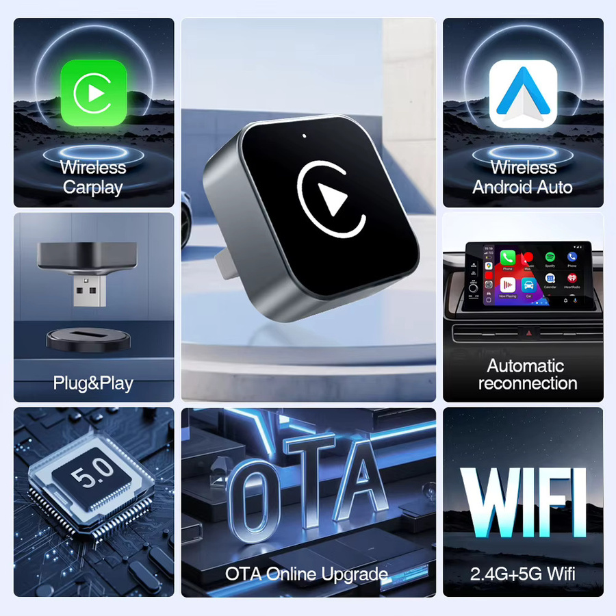 NovaSphere 2-in-1 Kabelloser CarPlay und Android Auto Adapter mit 5GHz WLAN, USB-C und USB-A Dongle, Schwarz - Bild 4