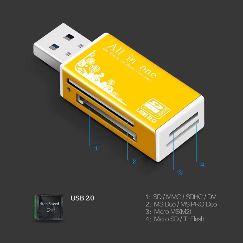 OULLX Speicherkartenadapter aus Legierung mit 4 USB 2.0 Ports für Micro SD, TF, M2, MS, Pro Duo, MMC und SDHC in Gold mit LED-Anzeige - Bild 4