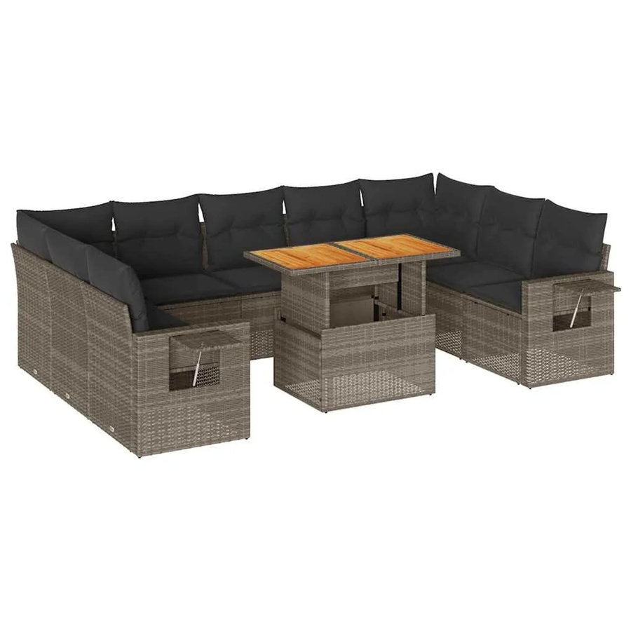vidaXL 10-tlg. Garten-Sofagarnitur in L-Form aus Polyrattan und Akazienholz mit Kissen in Grau - Bild 2