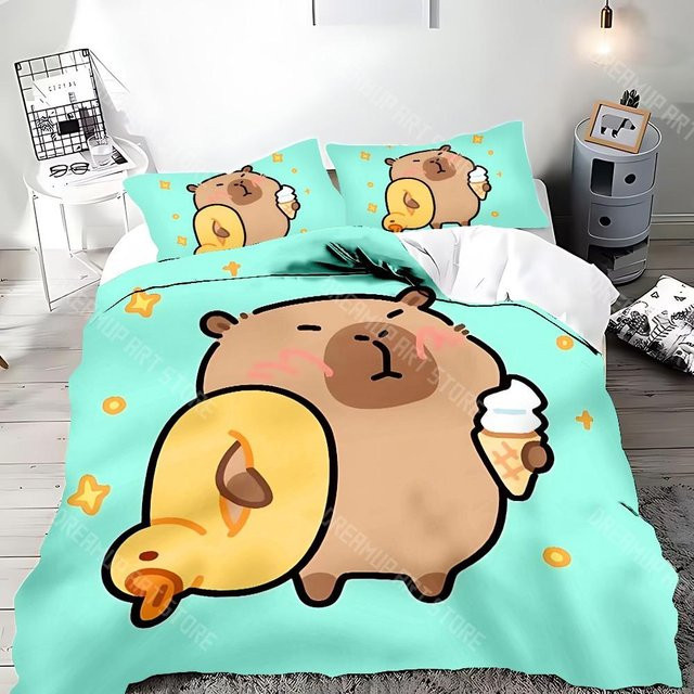 Bettwäscheset mit Cartoon Capybara Motiv von JMG Household Supplies in Türkis, bestehend aus Bettdecke und Kissenbezug, B/H: 90 x 200 cm - Bild 1