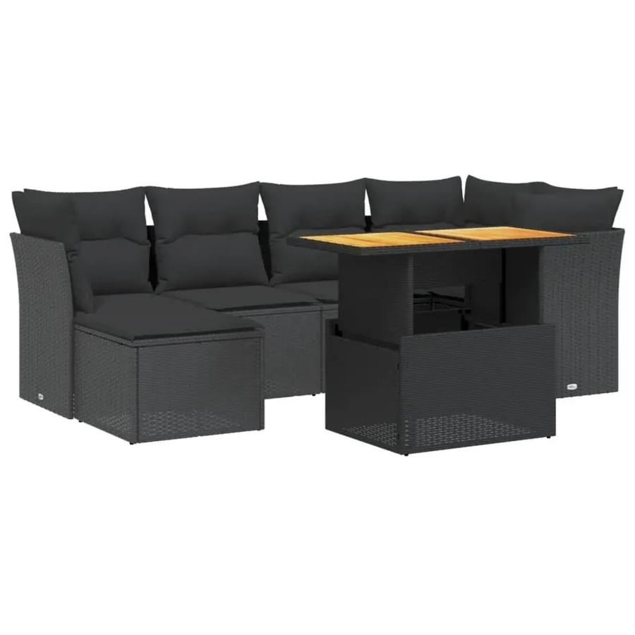 vidaXL 7-teilige Garten-Sofagarnitur aus Poly-Rattan und Akazienholz in Schwarz mit Kissen - Bild 2
