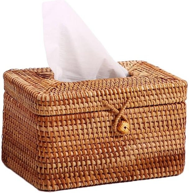 Handgefertigte Taschentuchbox aus Rattan und Holz in Braun zur Aufbewahrung von Servietten und Toilettenpapier - Bild 1