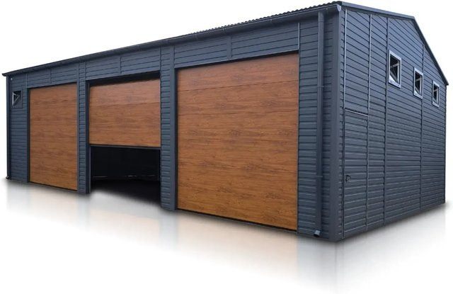 Liderstal Halle Premium Sektionaltor aus Trapezprofilblech mit Seitengiebel in Graphit, B/T: 1200 x 800 cm - Bild 1