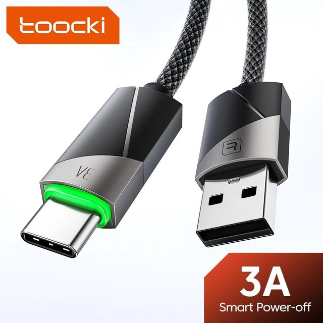 Toocki USB-A auf USB-C Schnellladekabel 60W mit Smart Power-Off für Xiaomi, Samsung, Huawei und LG, erhältlich in Schwarz oder Blau, Länge: 1m oder 2m - Bild 1