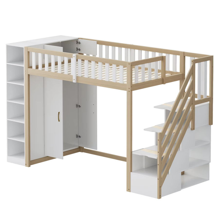 KOMHTOM Multifunktionales Hochbett in Weiß mit Regalen, großem Kleiderschrank und Sicherheitsleiter, B/T/H: 90 x 200 cm - Bild 2
