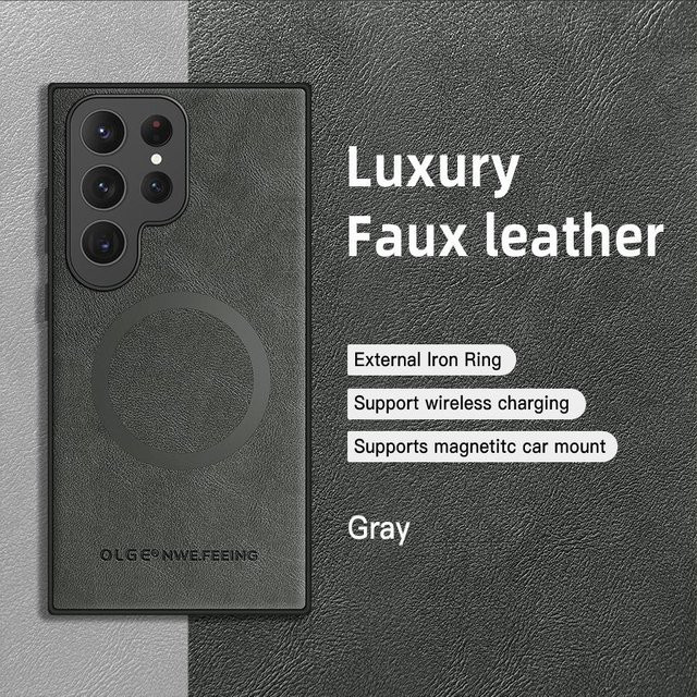 Klassische Leder Handyhülle für Samsung Galaxy S25 Ultra S24 S23 S22 S21 FE mit MagSafe Magnetischem Ladegerät in Grau - Bild 1