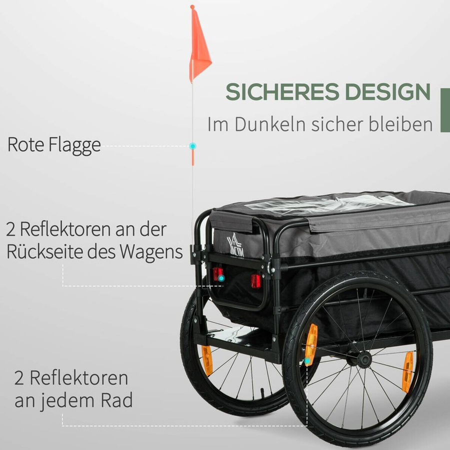 HOMCOM Fahrradanhänger mit 20 Zoll Luftreifen in Schwarz und Grau aus Stahl und 600D Oxford-Stoff, B/H/L: 64 x 130 x 103 cm - Bild 2