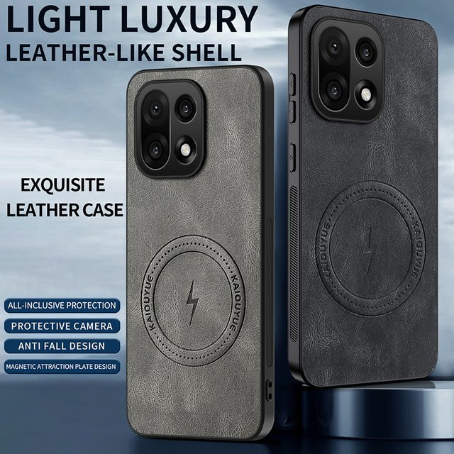 Luxuriöse Magnetische Leder-Schutzhülle für OnePlus 15 in Grau mit MagSafe-Unterstützung - Bild 1