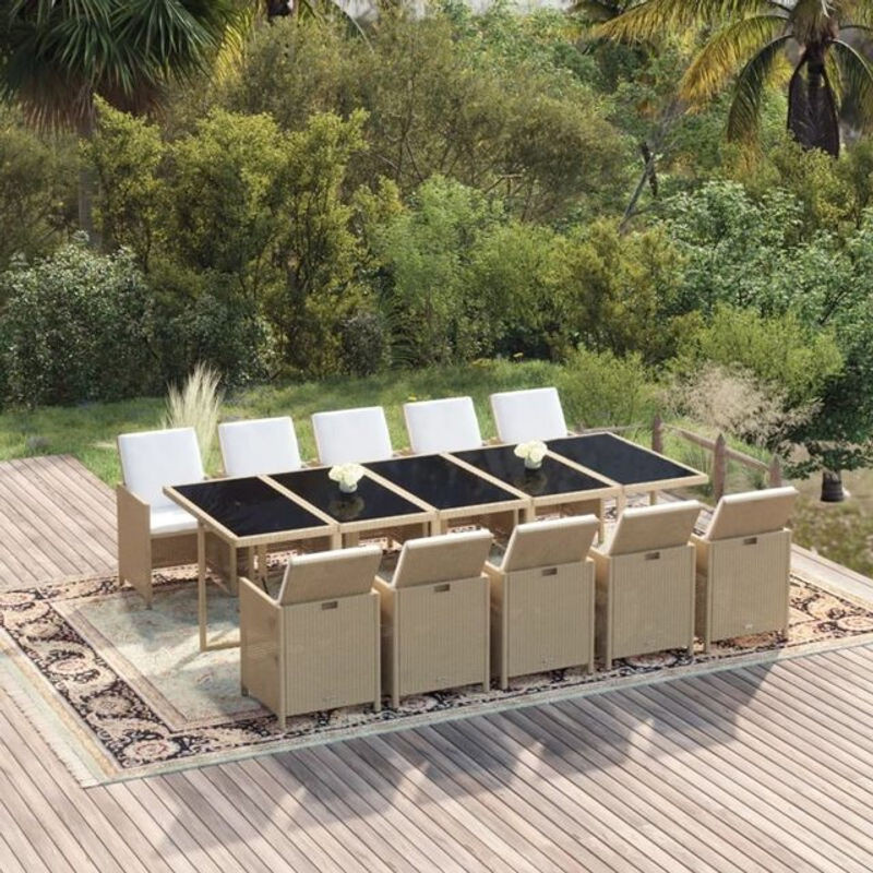 11-teilige moderne Garten-Essgruppe aus Poly-Rattan mit Kissen in Beige und Cream von vidaxl - Bild 1