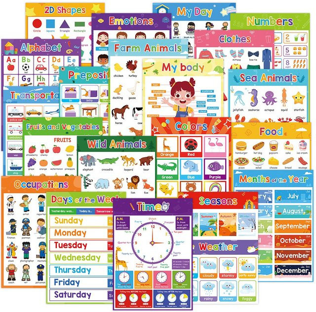 20er Set Lernposter für Kinder in A4 mit englischen Begriffen zu Tieren, Obst, Emotionen, Zahlen und Wortschatz, mehrfarbig - Bild 1