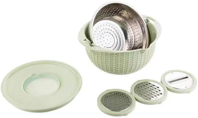TOMTOP JMS 4-in-1 Sieb mit Rührschüssel-Set aus Edelstahl und Kunststoff, Multifunktions-Gemüsehobel in Grün - Bild 1