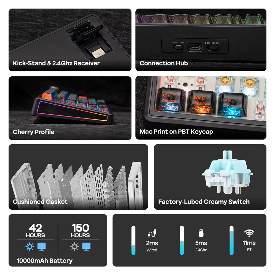 EPOMAKER TH80 V2 PRO Mechanische Gaming-Tastatur 75% ANSI US Layout mit Bildschirm und Drehknopf, Schwarz, Kabellos via Bluetooth oder 2,4GHz sowie Kabelgebunden, 10000mAh Akku - Bild 4