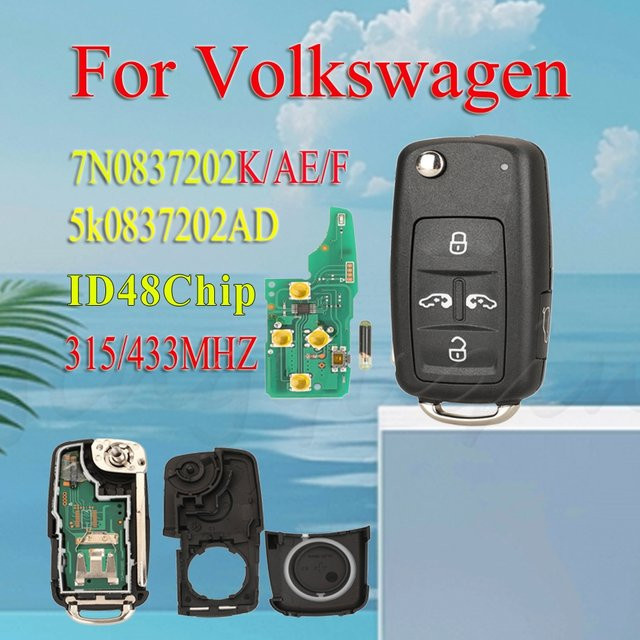 Jingyuqin Autofernbedienung mit 4 Tasten und ID48 Chip für Volkswagen Sharan Multivan Caravelle, Schwarz, 315/433MHz - Bild 1