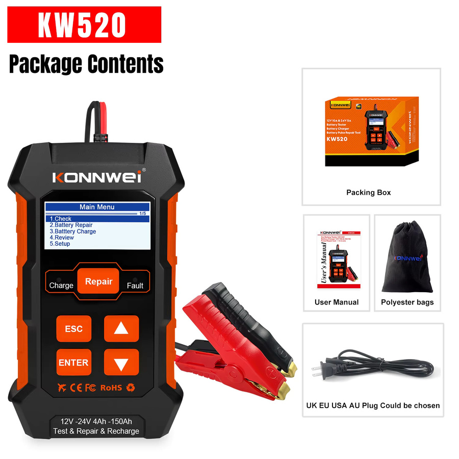 KONNWEi Automotive Batterie Tester in Schwarz mit Puls Reparatur, Spannungserkennung und Startup Test für dein Auto - Bild 6