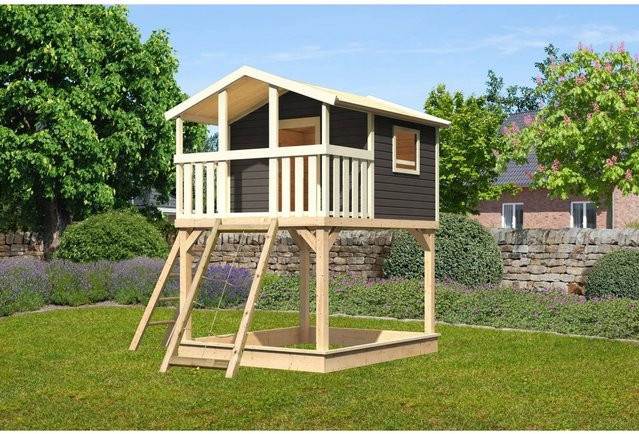 Karibu Stelzenhaus Benjamin mit Netzrampe in Terragrau, B/H/T: 198 x 309 x 244 cm - Bild 1