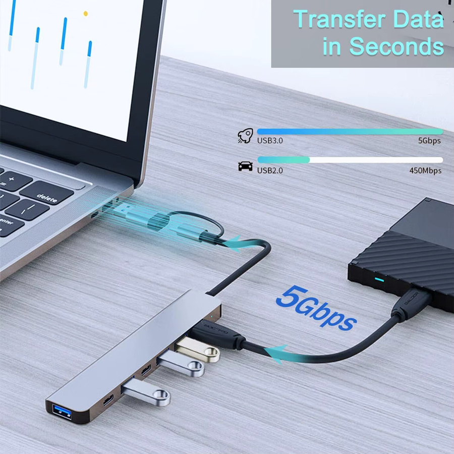 Schlanker 7-in-1 USB-C-Hub mit USB 3.0 und USB 2.0 für Laptops, MacBook und iPad in Silber/Grau - Bild 4