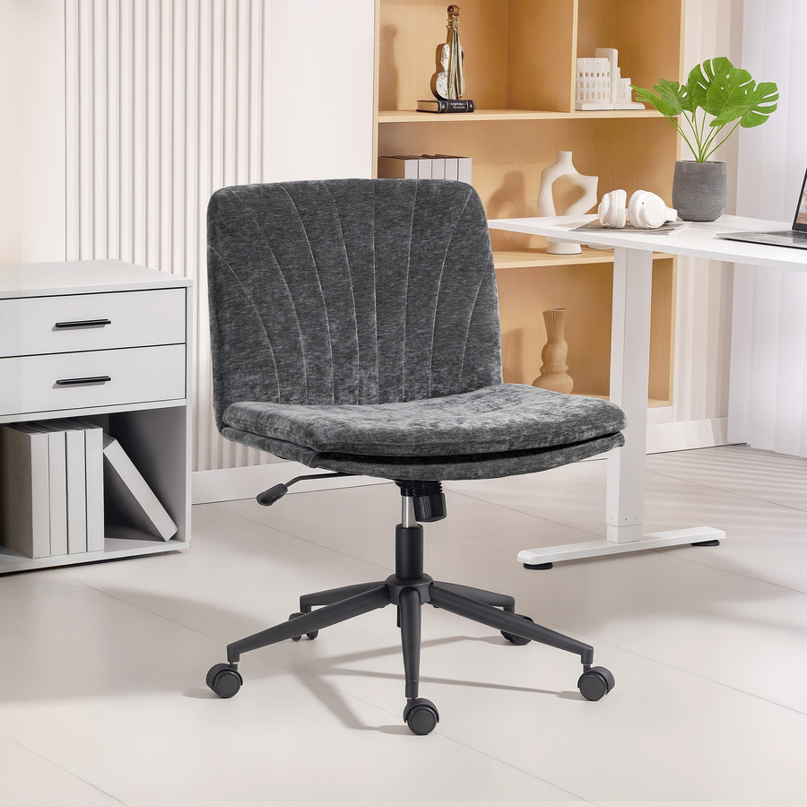 HOMCOM Bürostuhl mit Chenille-Bezug in Grau, höhenverstellbarer Schreibtischstuhl ohne Armlehnen mit Wippfunktion und Rollen, B/T/H: 62 x 67 x 83-93 cm - Bild 2