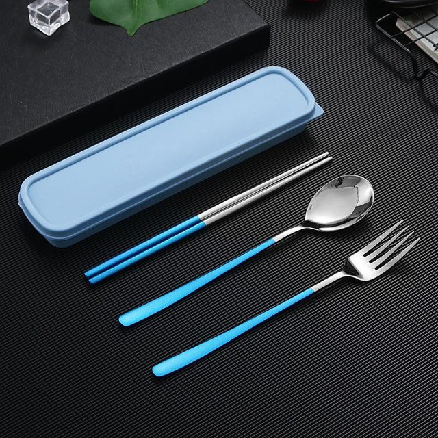 VEG HOME 4-teiliges Reisebesteck-Set aus 18/8 Edelstahl in Blau/Silber mit Etui, bestehend aus Gabel, Löffel und Essstäbchen - Bild 1