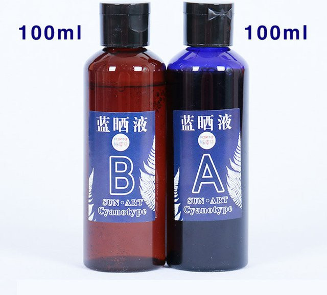 Cyanotyp DIY Set zur Textil- und Papierdruckgrafik mit Cyan-Flüssigkeit, Holz, Papier und Schwamm für Leinen und Stoff, 100/200 ml - Bild 1
