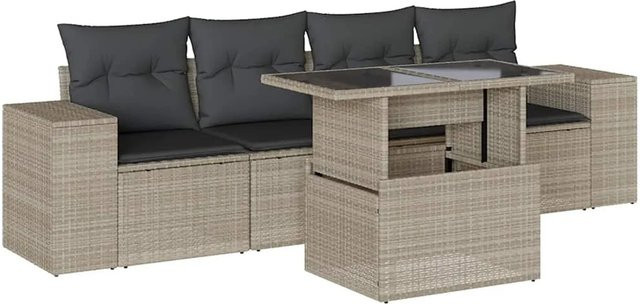 vidaXL 5-teilige Garten-Sofagarnitur aus Polyrattan in Hellgrau mit Tisch und Kissen - Bild 1