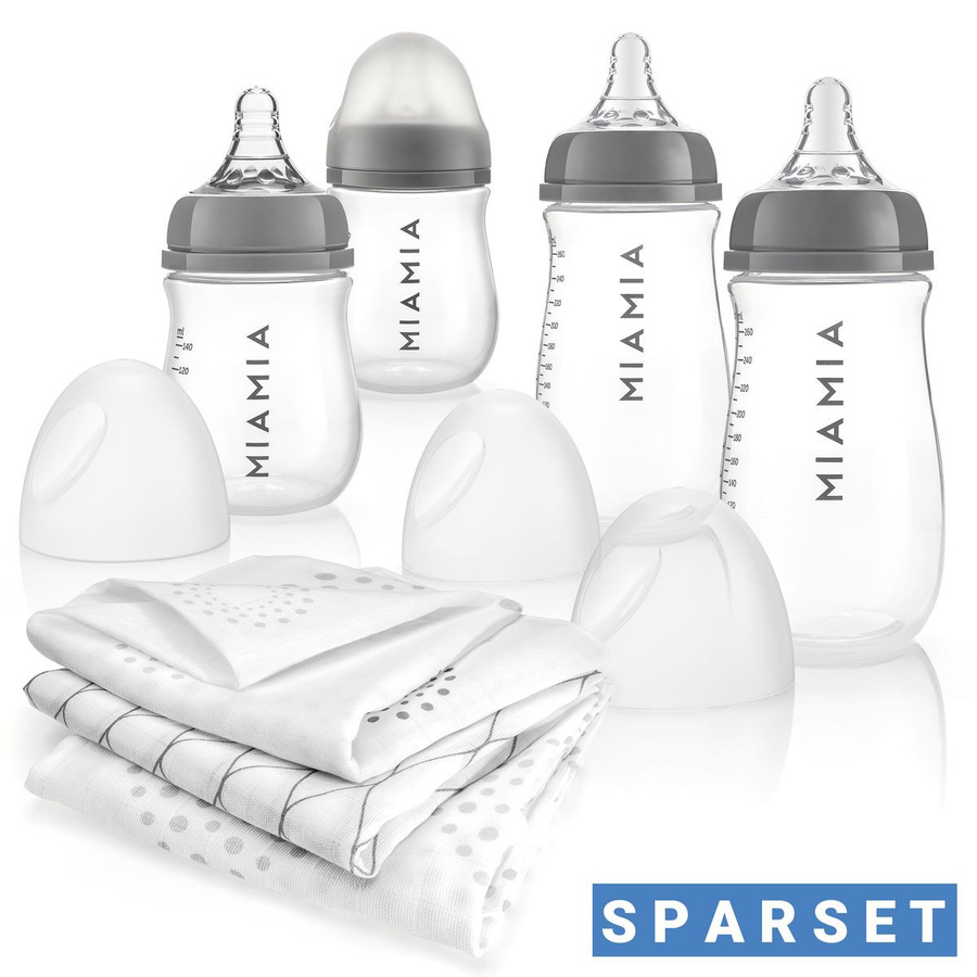 MiaMia 7-teiliges Babyflaschen-Set aus Polypropylen in Grau mit Silikon-Trinksauger und 3 Spucktüchern, BPA-frei und mit Anti-Kolik-Ventil - Bild 1