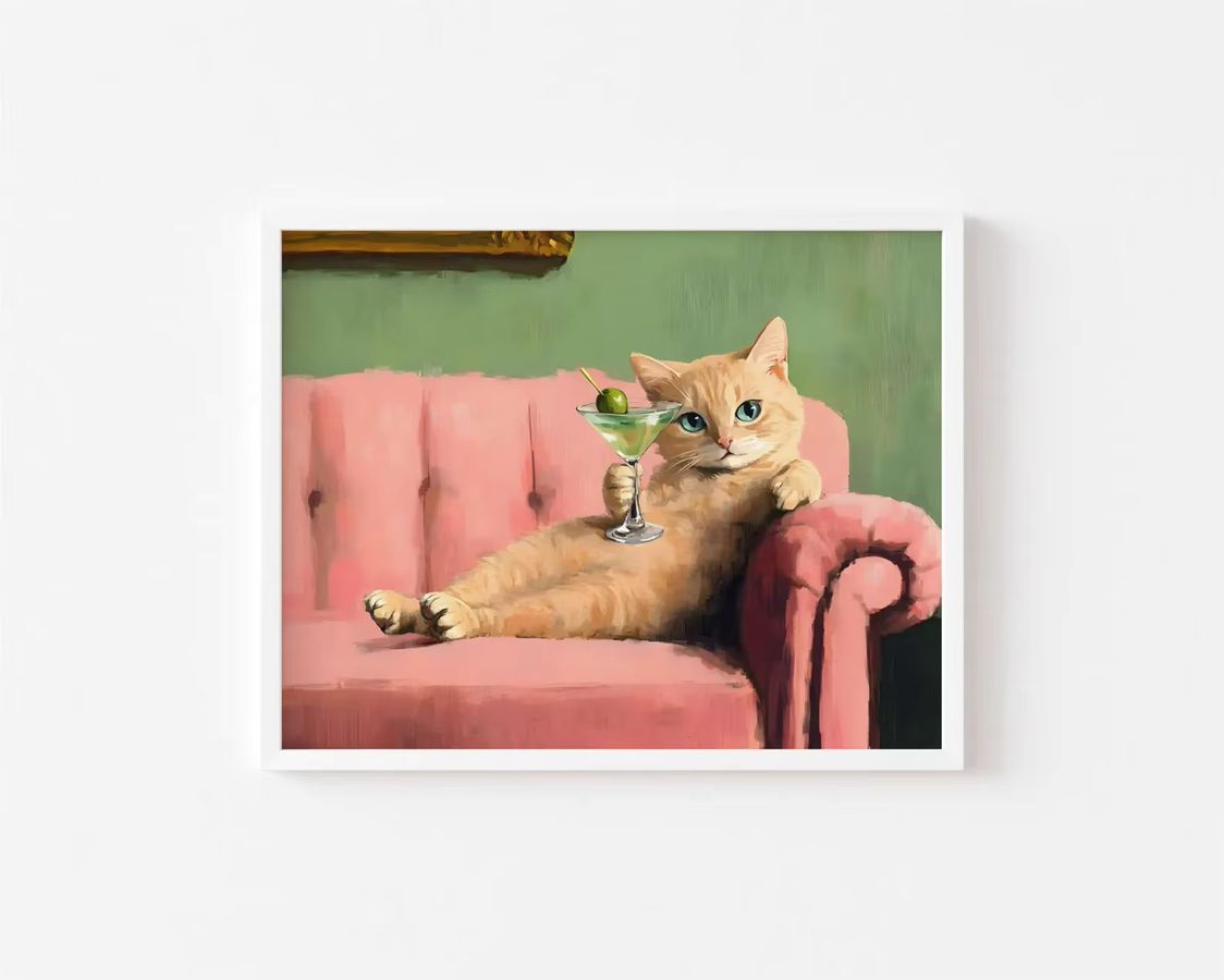 Retro Wandkunst SHENCHEN mit orangefarbener Katze und Martini als Vintage Ölgemälde-Druck für deine Bar-Dekoration - Bild 4