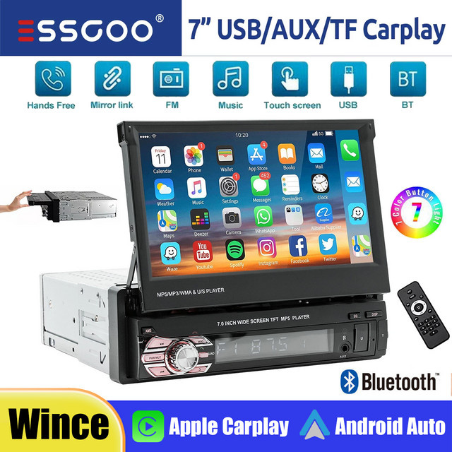ESSGOO Universal Autoradio 1 DIN mit 7 Zoll ausklappbarem Touchscreen, CarPlay, Android Auto, Bluetooth, USB, AUX und AM/FM MP5 Player in Schwarz - Bild 1