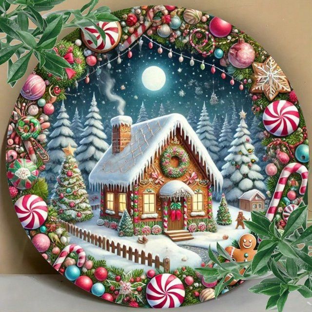 HELLOYOUNG Weihnachtsdekoration Lebkuchenhaus Wandschild aus Metall, runde Weihnachtsdekoration aus Eisen in Multicolor - Bild 1