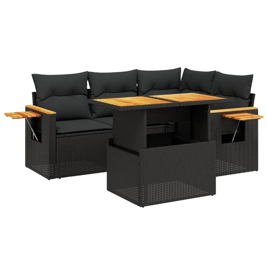 vidaXL 5-teilige Garten-Sofagarnitur aus Poly-Rattan und Akazienholz in Schwarz mit Kissen - Bild 2