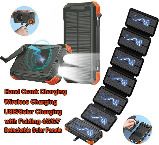 Solar-Powerbank mit 20000 mAh und 6 Solarpanelen inklusive Handkurbel und Schnellladefunktion in Schwarz - Bild 1