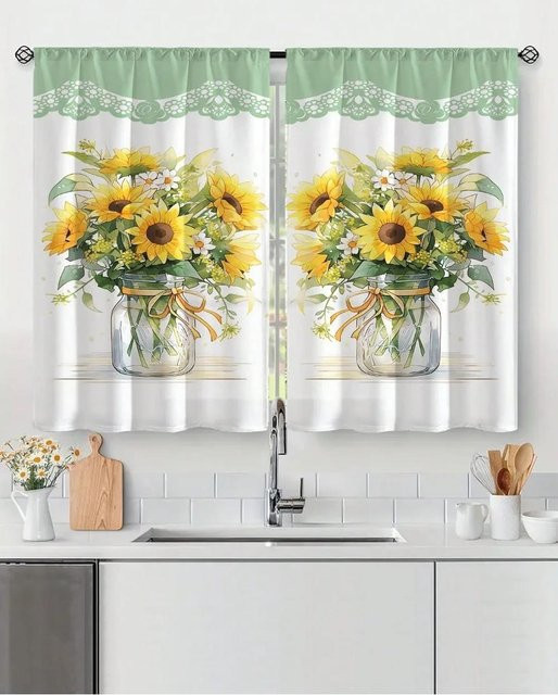 2er-Set Fenstervorhänge von Household supplies MH mit Sonnenblumen-Print und Karomuster, halbtransparent, B: 70 cm, H: 60 cm - Bild 1