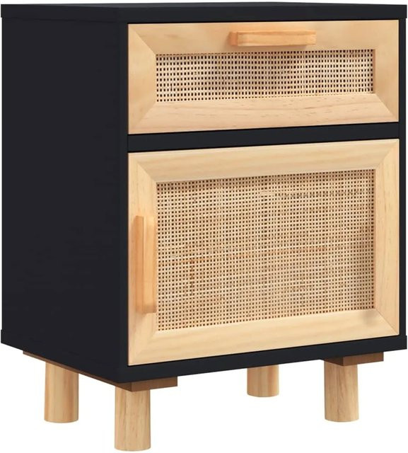 vidaXL Nachttisch in Schwarz aus massivem Kiefernholz und Natur-Rattan im skandinavischen Design, B: 30 cm, T: 30 cm, H: 50 cm - Bild 1